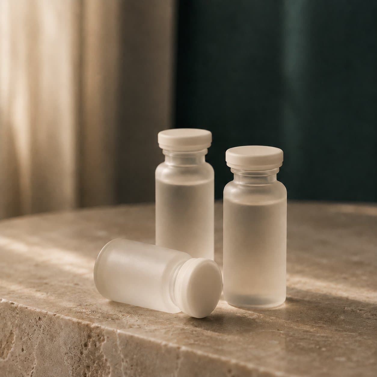 Frosted glass vials on a travertine shelf