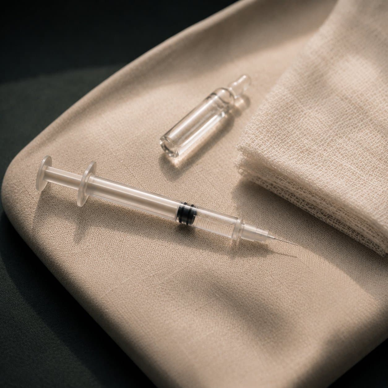 An ampoule and syringe arranged on ivory linen